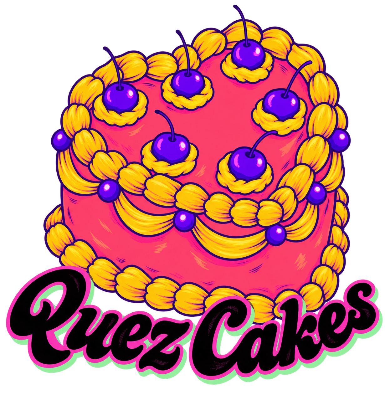 Illustrated heart shaped Quez Cakes cake artwork